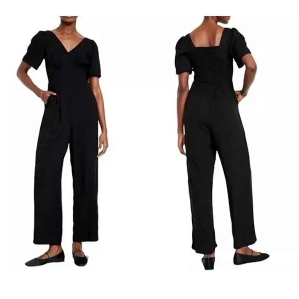 Old Navy Waist-Defined Puff-Sleeve Jumpsuit Sz. S tall black wide leg NWT